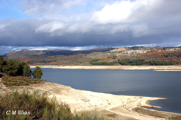 Aspecto da albufeira de Vilar vista do lado ocidental. As margens arenosas são frequentadas por diversas aves aquáticas.